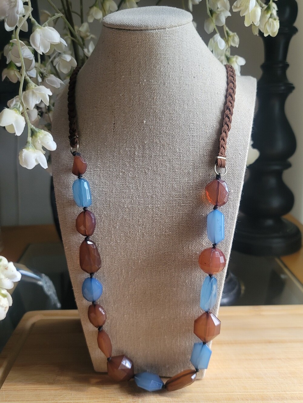 Vintage Blue and Brown Faceted Bead Braided Cord Necklace